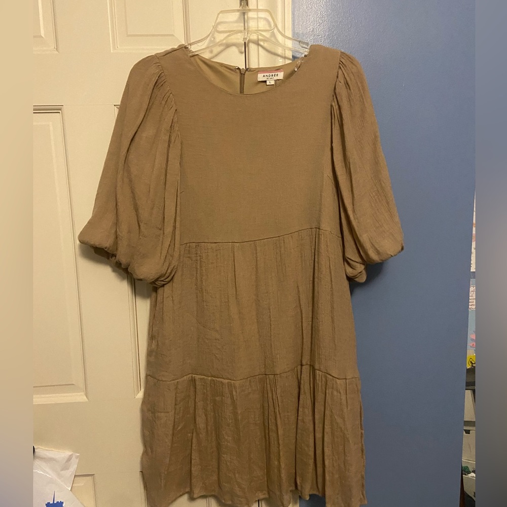 Light brown/beige textured ruffle tier dress with puff sleeves